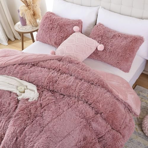 Smoofy Fluffy Twin Comforter Set, Faux Fur Comforter Set, Luxury Fuzzy Twin Bedding Set, Soft Shaggy Bed Set for All Season, 2 Pieces - 1 Comforter & 1 Pillowcase, Violet Pink