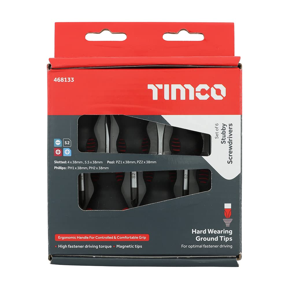 Timco Stubby Screwdriver Set Magnetic Ground Tips Slotted Phillips Driver 6pcs