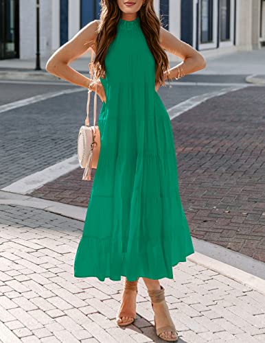 Image of HAEOF Women's Summer Sleeveless Halter Midi Maxi Dress Casual Loose Fit Pleated Tiered Flowy Beach Vacation Long Sundress