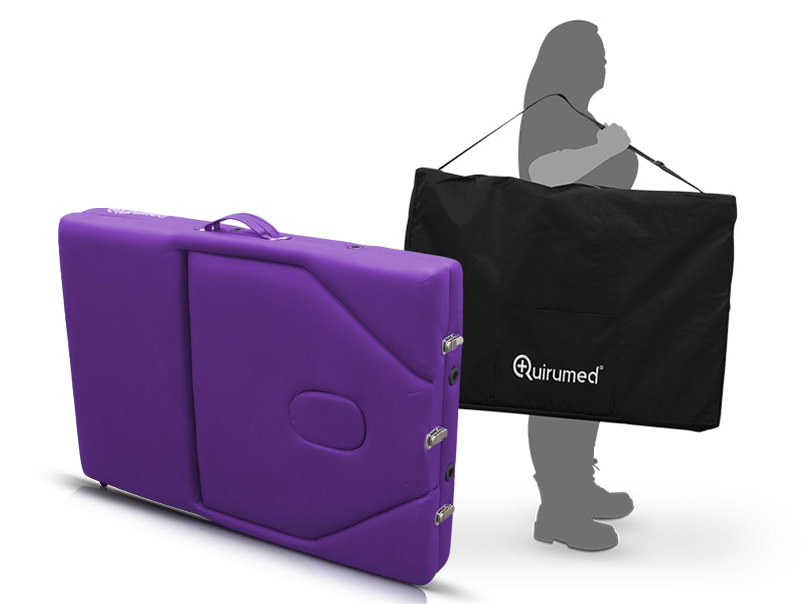 QUIRUMED Camilla de Masaje Plegable de Aluminio Pro, 186 x 66 cm, con Respaldo abatible, Color Morado, Polipiel, Orificio Facial, Cabezal extraíble, Regulable en Altura, 2 cuerpos, hasta 150 kg