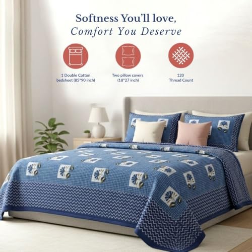 Image of Jaipur Weaves Jaipuri Double Bed Cotton Bedsheet Queen Size 90x85, 120 TC 100% Pure Cotton Bed Sheet with 2 Pillow Covers, Floral Traditional Print (Floral Blue, Double)