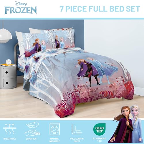 Image of Disney Frozen 2 Forest Spirit 7 Piece Full Bed Set - Includes Reversible Comforter & Sheet Set - Bedding Features Elsa and Anna - Super Soft Fade Resistant Microfiber - (Official Disney Product) | Bed in a Bag, Comforter Sheets Shams Pillowcases, Official Brand, Soft Microfiber, Machine Washable, Girls Gift