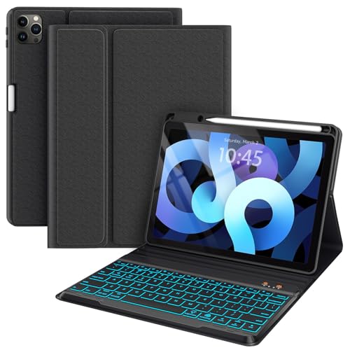 Image of Roo iPad Keyboard Case for Air 4th Generation, iPad Pro 11 1st /2nd /3rd Gen 2018 /2020, 10.9 inch Air With Pencil Holder, Backlit Detachable Bluetooth Keyboard, Smart Connect Folio Cover (Black)