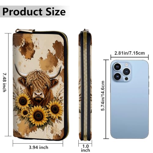 Image of Women's Wallets Credit Card Holder Money Leather Long Wallet | Long wallet with Wristlet,Large Capacity with Zip-Around Phone Purse for Women Ladies Girls,Highland Cow Sunflower
