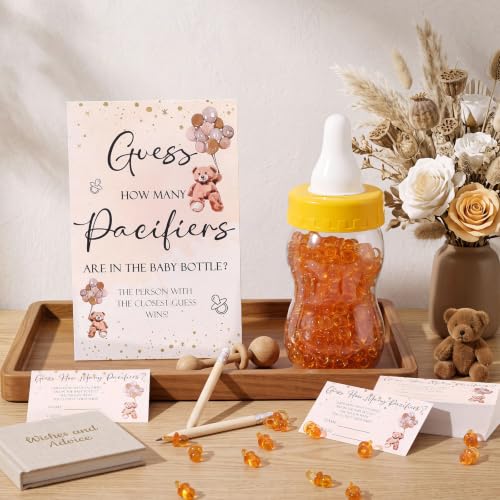 Image of Roowest 512 Pcs Baby Shower Games Guess How Many Pacifiers Sign 100 Small Guessing Games 10 HB Pencils 750ml Milk Bottle 400 Acrylic Pacifiers Decoration for Guest Gender Reveal (Brown,Little Bear)