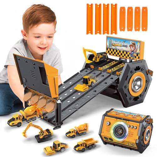 Charmofun Mini Autorennbahn f&uuml;r Kinder mit Licht & Musik, Auto Rennbahn f&uuml;r Kinder mit 4 Spuren, 4 Autos, Tragbare Autorennbahn Spielzeug Geschenk f&uuml;r Jungen ab 5+ Jahren (Gelb)