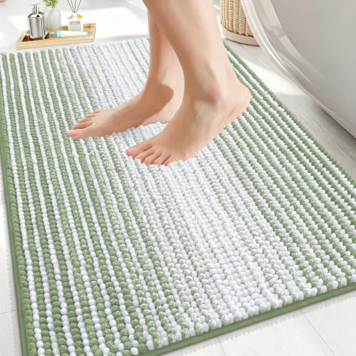 Image of OLANLY Bathroom Rugs 36x24, Soft Chenille Striped Bath Rugs, Sage Green