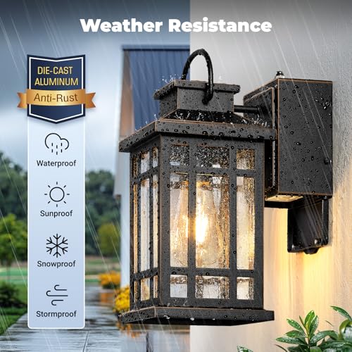 Image of 2-Pack Outdoor Wall Light with GFCI Outlet, Black Exterior Lighting Fixtures with Gold Trim, Dusk to Dawn Outdoor Lights for House Garage Coach, Outside Light with Outlet, Aluminum, Hardwired