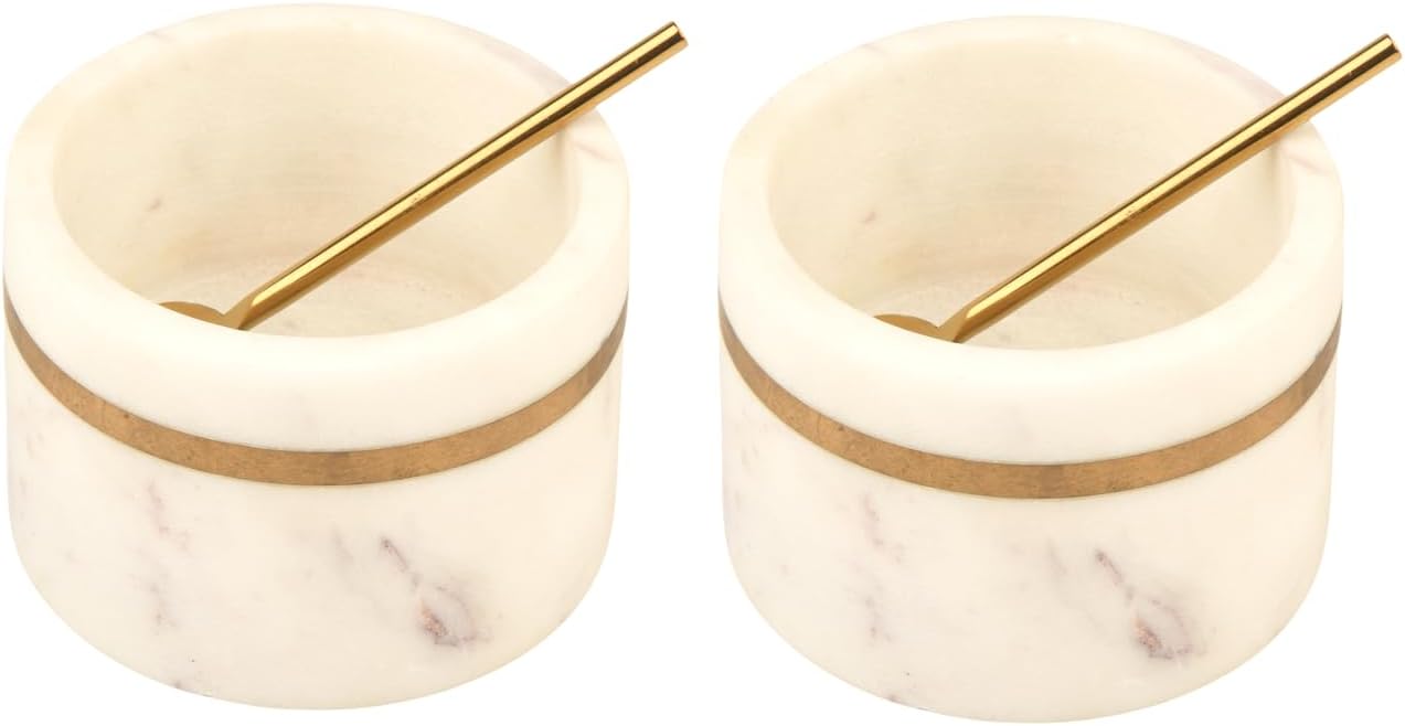 Cruiser’s Caché Marble Salt and Spice Cellars or Dipping Bowls with Gold Spoons | Set of 2
