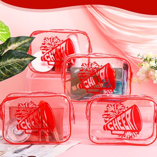 Kacctyen 24 Pcs Cheer Makeup Bag Cheer Gifts Bulk for Team 7 x 4.7 x 2.4'' Cosmetic Bag Cheerleader PVC Makeup Case Clear Toiletry Zipper Pouch for Cheerleading Teammates Party Supplies(Red)4