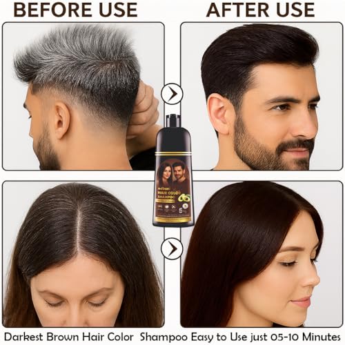 Image of Adbeni Darkest Brown Hair Color Shampoo 400ml with Conditioner | Ammonia & Paraben Free, No Harsh PPD | 5 Min Grey Coverage | For Men & Women | With Argan Oil & Herbal Extract | 10 Pair Gloves