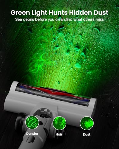Image of Cordless Vacuum Cleaner for Home, Upgraded 60Kpa Powerful Suction Pet Hair Vacuum with 70min Runtime, Green LED Light for Hardwood Floors & Carpet, Self-Standing Rechargeable Stick Vacuum, Grey-white