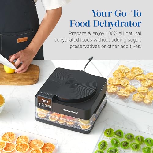 Image of Elite Gourmet EFD422 Digital Food Dehydrator with 5 BPA Free Trays, Top Mounted Fan & Heater, Adjustable Timer and Temperature Controls, Jerky, Herbs, Fruit, Veggies, Snacks, Black
