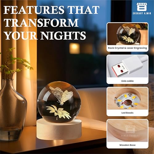 Image of 3D Crystal Sunflower with Butterfly Night Lamp LED Decoration Table Light with Wooden Stand for Bedside, Home Office Decor (Butterfly Sunflower)