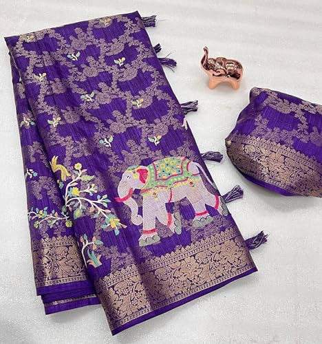 Image of Kalamkari Floral Prints Dola Silk Saree With Rich Zari Border Designer Pallu Attach Blouse Piece