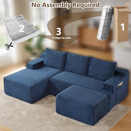 Image of 96 inch U-Shape Cloud Couch, Modern Modular Sectional L-Shape Sofa with Ottoman, Corduroy Upholstered Couches Deep Seat Sleeper Chaise Longue for Living Room, No Assembly Required(Blue, Left Facing)