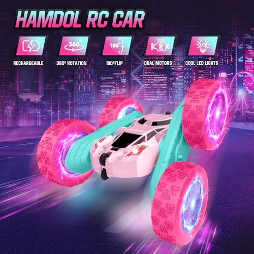 Image of Hamdol Pink Remote Control Car for Girls, Double Sided with Shining Headlights & Wheel Lights, Girl Princess Toys, Rechargeable Toy Car for 6-7 6-8 9 10-12 Year Old Girls Birthday, Valentines Gift