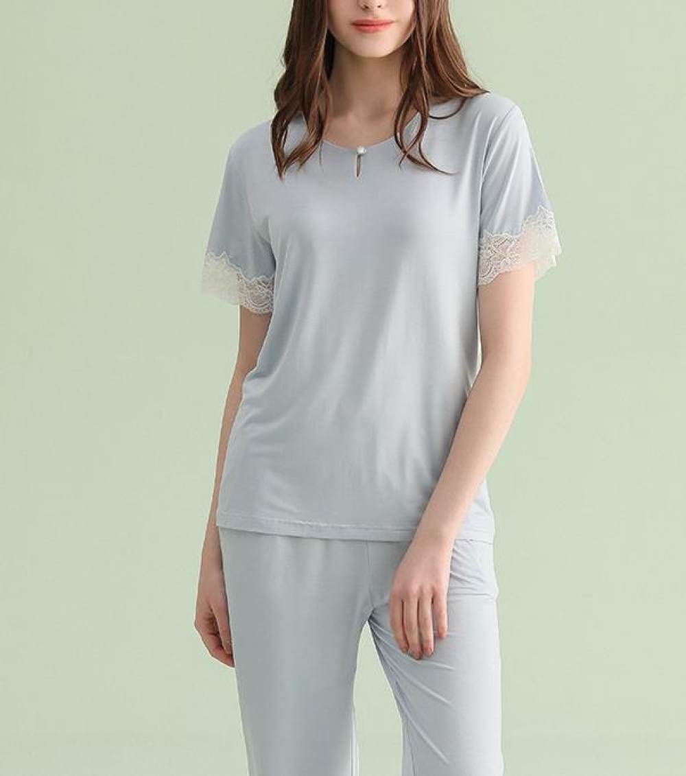 SNPP Été Pyjama Femme,Ensemble Pyjama D'Été Confortable, Pyjama Deux Pièces Extensible, Ensemble Manches Courtes Et Pantalon en Dentelle Boutonnée Bleue, Vêtements De Maison pour Un Usage Quotidie