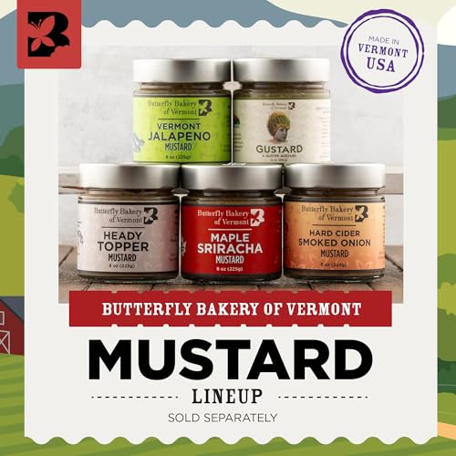 Image of Butterfly Bakery of Vermont Maple Sriracha Mustard, 8 oz | Maple syrup, jalapenos, garlic scapes, yellow and brown mustard seeds, vegan and vegetarian, burgers and grilled meats
