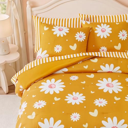 Image of Full Size Comforter Set for Girls Mustard Yellow Daisy 7 Pieces Bedding Set