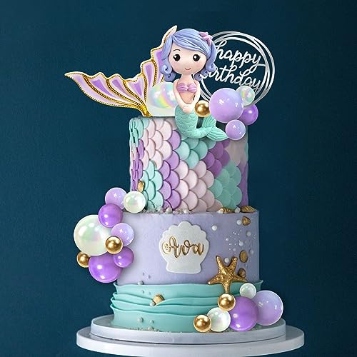 DRWATE Mermaid Cake Toppers Under the Sea Tail Cake Decorations Gold Purple Pearl Balls for Girl Kid Birthday Party Mermaid Theme Party Baby Shower Supplies (Style 2)