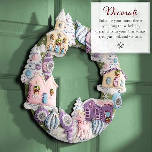 Image of Bucilla Felt Applique Wreath Making Kit, Putz Village, Perfect for DIY Arts and Crafts