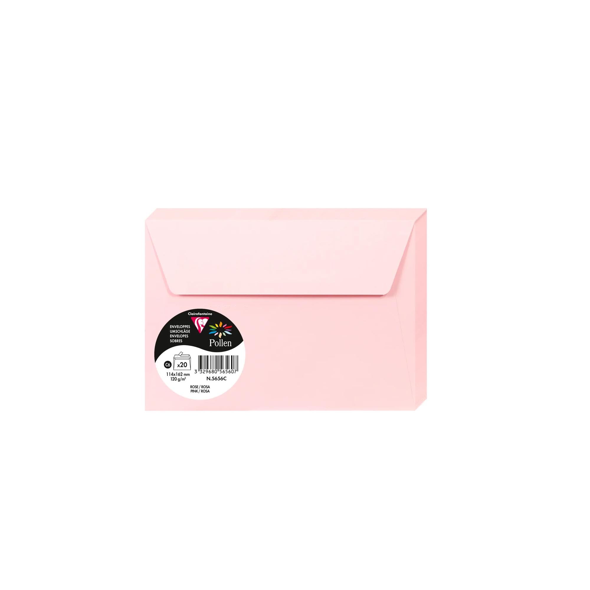 Clairefontaine 5656C Pack of 20 Self-Adhesive Envelopes Format C6 11,4x16,2cm 120g Pink Invitation Events Correspondence Pollen Range Premium Smooth Paper