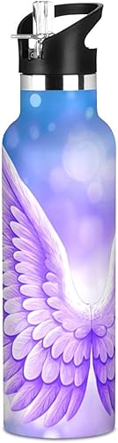 Botella de agua infantil para la escuela, botella de agua de 20 onzas aisladas para niños y niñas, sin BPA, alas de ángel moradas suaves, color azul