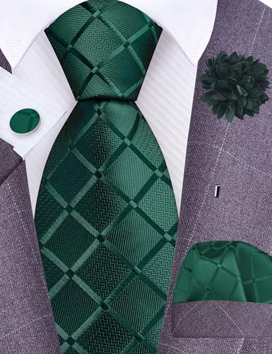 Image of GUSLESON 3.15 inch（8cm） Mens Tie and Lapel Pin Plaid Checkered Necktie Hankerchief Cufflinks Set for Men
