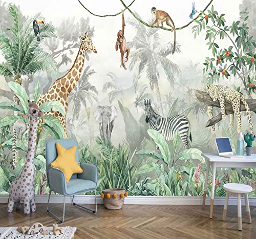 Reyhui Kids Wallpaper Tropical Leves and Safari Animals Wall Mural for Wall Bedroom Living Room TV Background Sofa Wall（Not Peel and Stick）