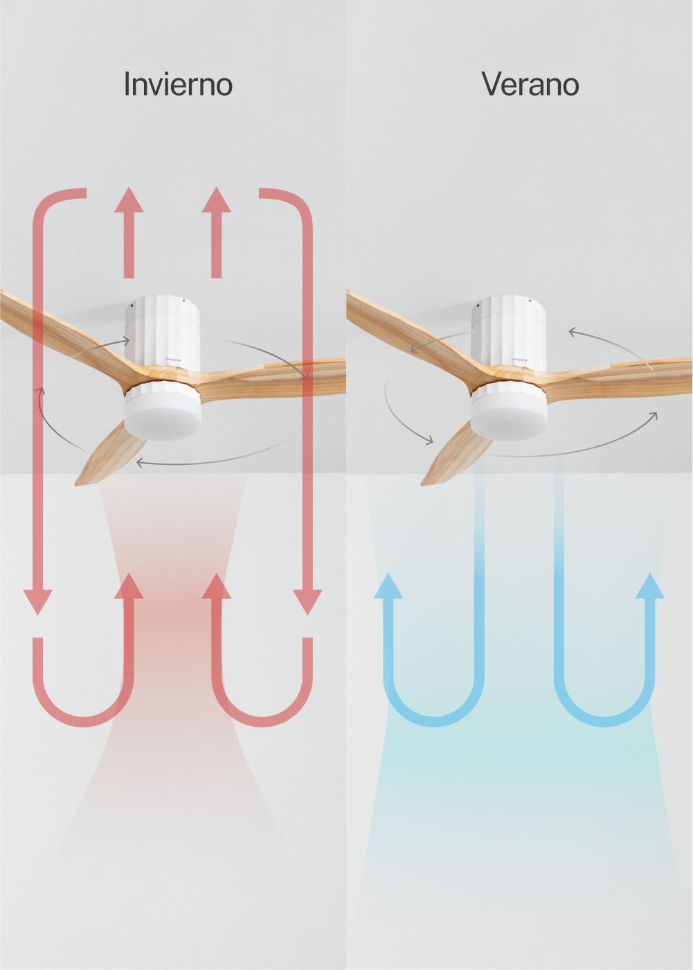 CREATE / WINDCALM LINE/Ventilatore da soffitto bianco con luce Wifi e telecomando, pale Legno chiaro linee verticali / 40W, Timer, Ø132 cm, 6 velocità, 3 temperature di luce, funzione estate-inverno