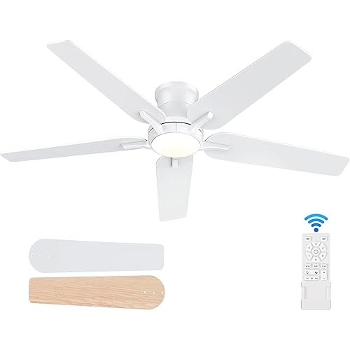 52 Inch White Ceiling Fans with Lights and Remote, Flush Mount Low Profile Ceiling Fan for Bedroom, Living Room, Patio, Dimmable 6 Speeds Noiseless Reversible, ETL Listed