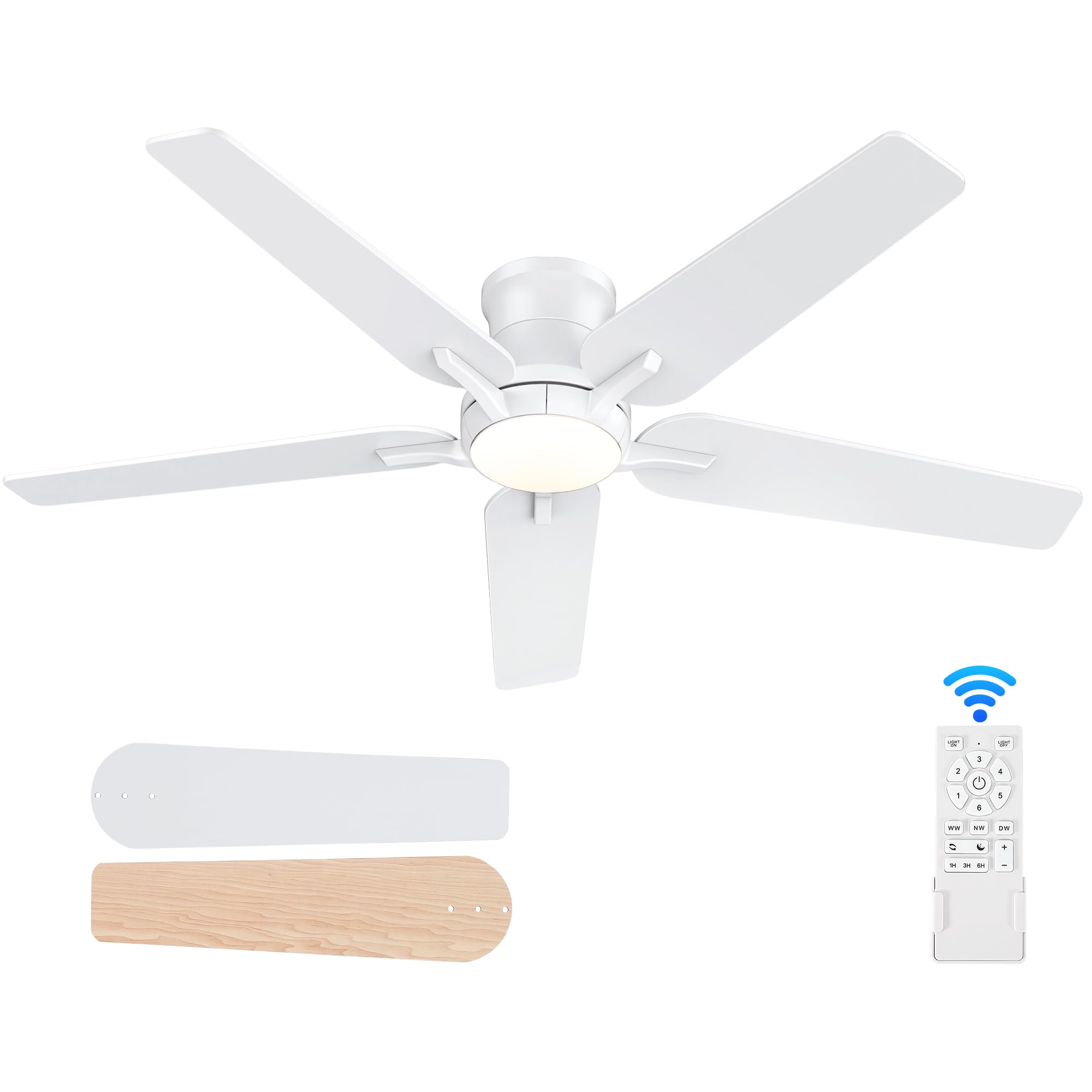 POCHFAN 52 Inch White Ceiling Fans with Lights and Remote, Flush Mount Low Profile Ceiling Fan for Bedroom, Living Room, Patio, Dimmable 6 Speeds Noiseless Reversible, ETL Listed