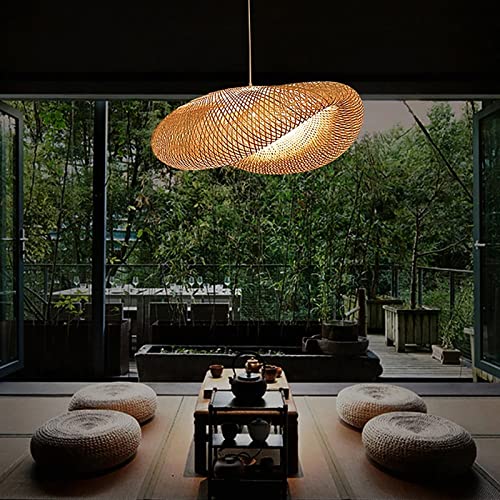 Mano-tejido Bambú Luz Colgante Para La Isla De La Cocina,Natural Rota Lámparas,Vintage Mimbre Linterna Luz De Techo Colgante Para Salón Granja-Bambú 60x60x20cm(24x24x8inch) Cover