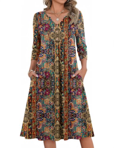 Image of Zeagoo Womens Dresses 3 /4 Sleeve Casual Fall A Line Midi Dress with Pockets