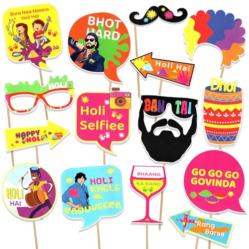 Image of Rozi Decoration Happy Holi Photo Booth Props for Rang Barse Party Decoration Items | Holi Decoration Items for Home |Rang Barse Props for Happy Holi Decoration Pack of 31 Pcs