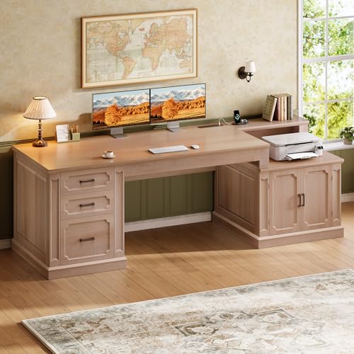 Image of SEDETA Farmhouse 70.9 inch Executive Desk, Home Office Desk with File Drawers and Storage Cabinet, Computer Desk with Power Outlet for Home Office, Work Study Writing, Oak