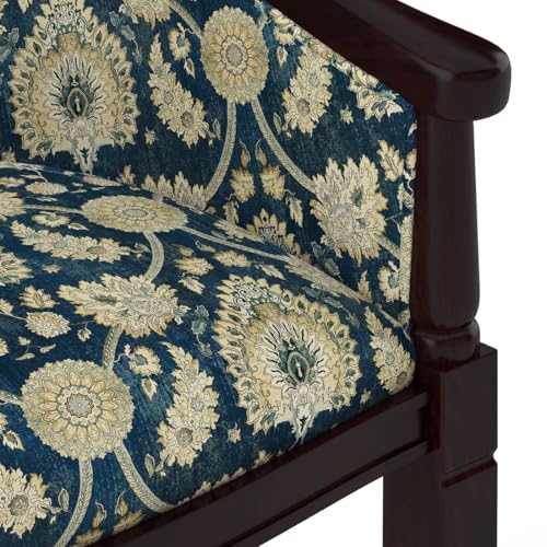 Image of Sheesham Wood Barrel Accent Chair with Floral Fabric Upholstery Mahogany Finish Handcrafted Wooden Lounge Chair with Backrest (Blue Floral)