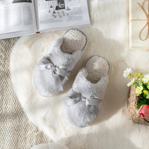 Image of GOEWY Cute Women's Memory Foam House Slippers - Fuzzy Plush Faux Fur Slippers with Bow Butterfly Tie - Anti-Skid Indoor /Outdoor Gifts for Women, Moms & Ladies