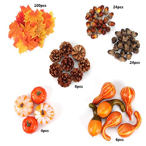 Image of Ulalaza 166pcs Artificial Pumpkins Home Decoration Set,100 Fake Maple Leaves + 48 Fake Acorns + 8 Fake Pinecones + 10 Fake Pumpkins