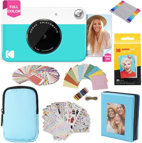 KODAK Printomatic cámara de impresión instantánea + Estuche Blando + Papel fotográfico Zink de 2 x 3 (Paquete de 20) + Álbum + Juegos de calcomanías + Marcos para calcomanías + Marcadores   Azul