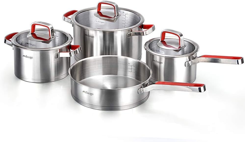 New 2018 German Technology Solige Stainless Steel Cookware 7-piece set with Heat Resistant handles with Red Anti-Slip Silicone