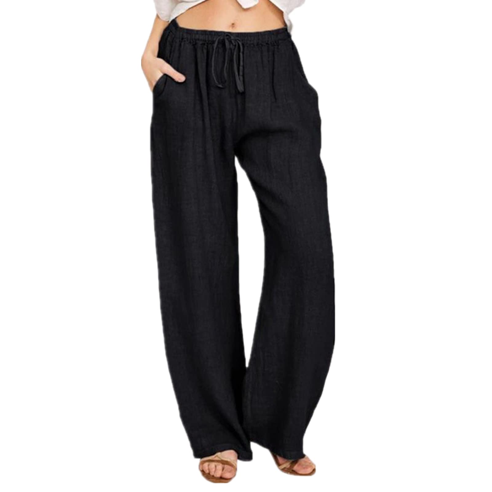 Solid Color Straight Wide Leg Pants Womens high Waist Loose and Thin Casual Fashion Trousers Black 2XL
