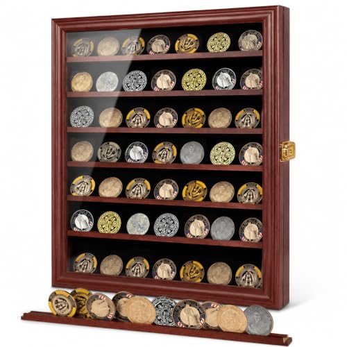Image of Jinchuan Military Challenge Coin Display Case Lockable Cabinet Rack Holder Shadow Box with Removable 2 Grooves Shelves and Anti Dust Door for Casino Poker Chips Collectibles, Large - Mahogany