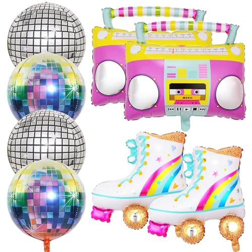 8 unidades balões de discoteca, balões Roller Skate, balões de disco de alumínio, Boom Box Globo, balões de festa de disco, decorações para festa 80 anos 90 anos para tema retro Hip Hop disco