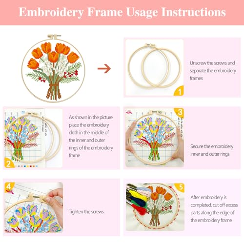 Image of Zhenqing Orange Tulip Bouquet Cross Stitch Kit for Beginners - Complete Set with Pre-Printed 11CT 24x24cm Fabric, Hoop & Threads(70359)
