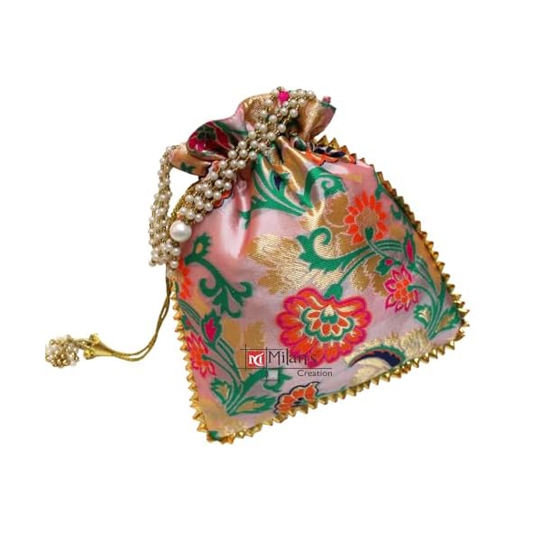 MILAN'S CREATION Designer Banarasi Brocade Potli Bag With Pearl Handle & Tassel Ethnic Wedding Purse Women’s Handbag - Image 8