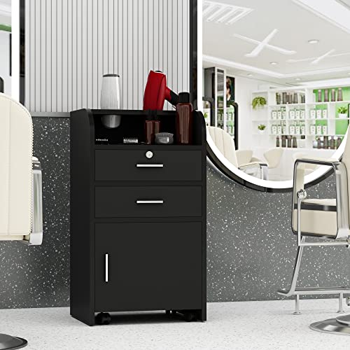 PENNYNANA Barber Stations Storage Cabinet with Drawer and Wheels, Hair Stylist Station with 2 Hair Dryer Holders, Black