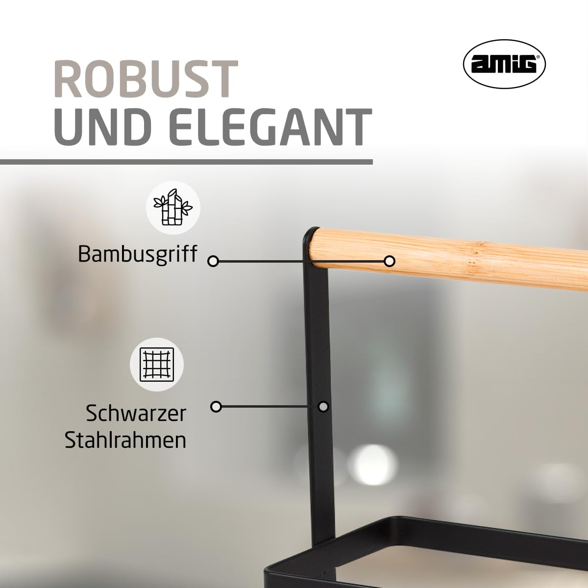 Amig - Gewürzregal - Küchenregal für Arbeitsplatte - Schwarzer Stahl und Bambus - Aufbewahrung von Gewürzdosen - Maße: 21,5 x 9,5 x 18 cm