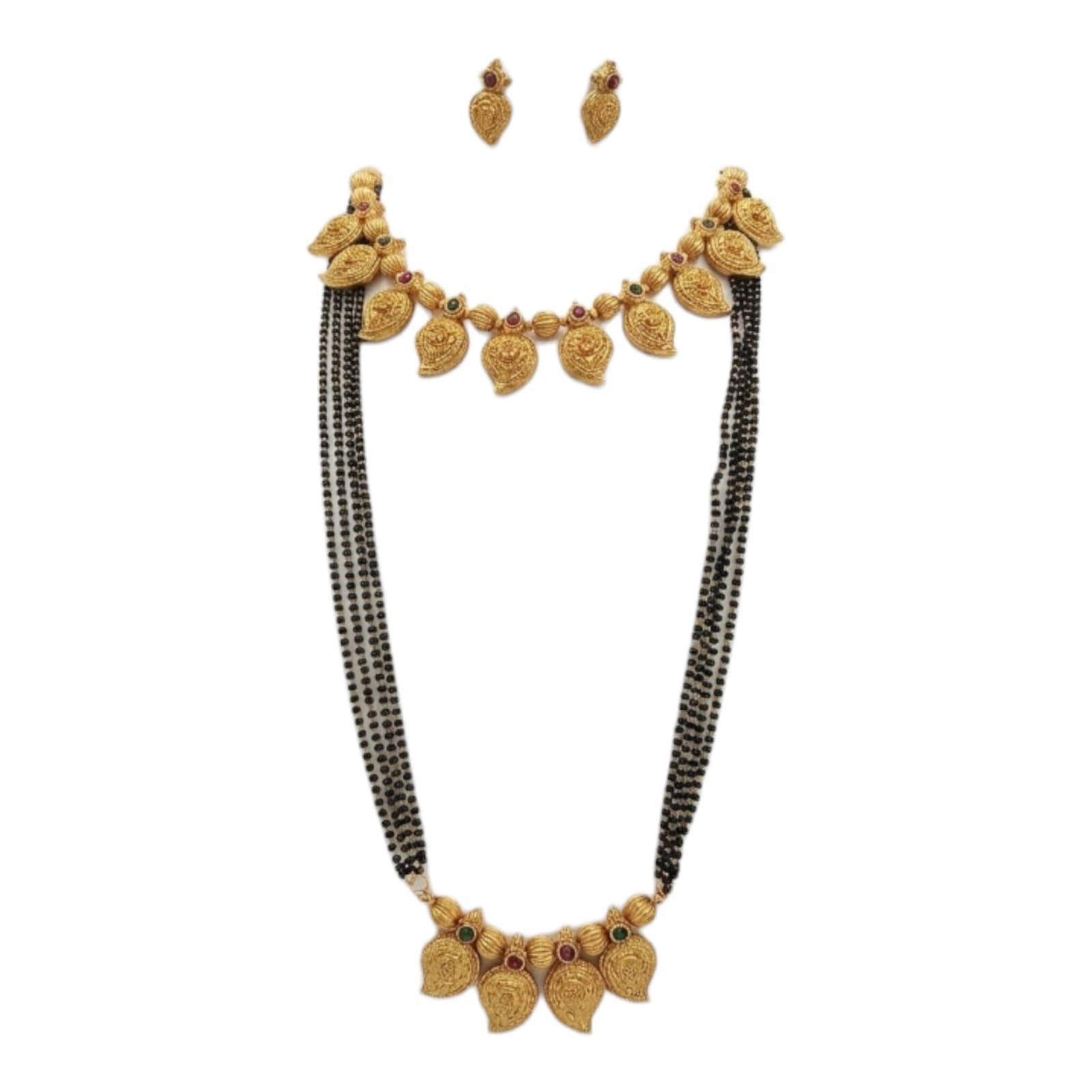 Traditional Gold-Plated Mangalsutra Mango Combo Set | Long Black Beads Mangalsutra with Leaf Design Pendant & Short Necklace with Earrings-image-19